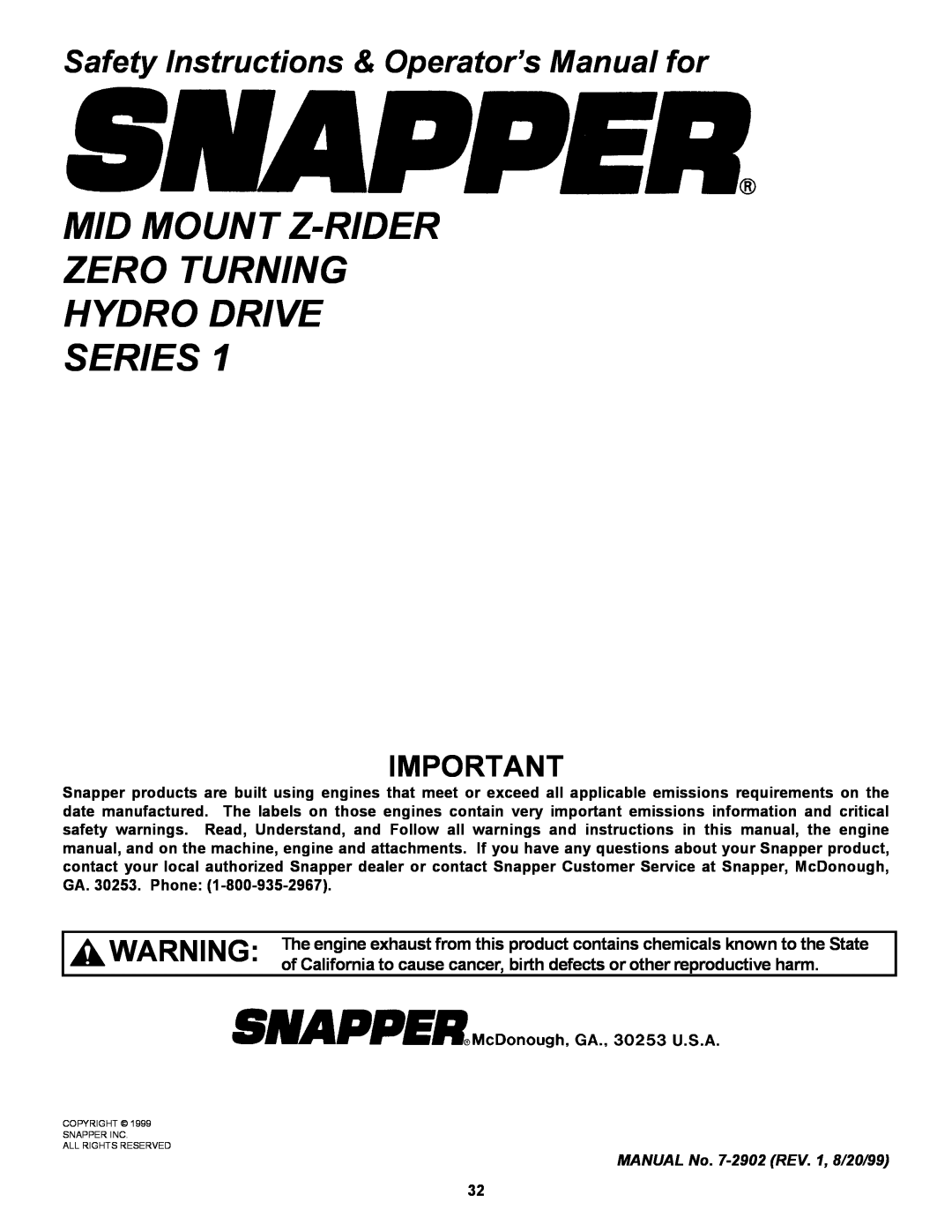 Snapper ZM5200M, ZM2501KH, ZM6100M Mid Mount Z-Rider Zero Turning Hydro Drive Series, MANUAL No. 7-2902 REV. 1, 8/20/99 
