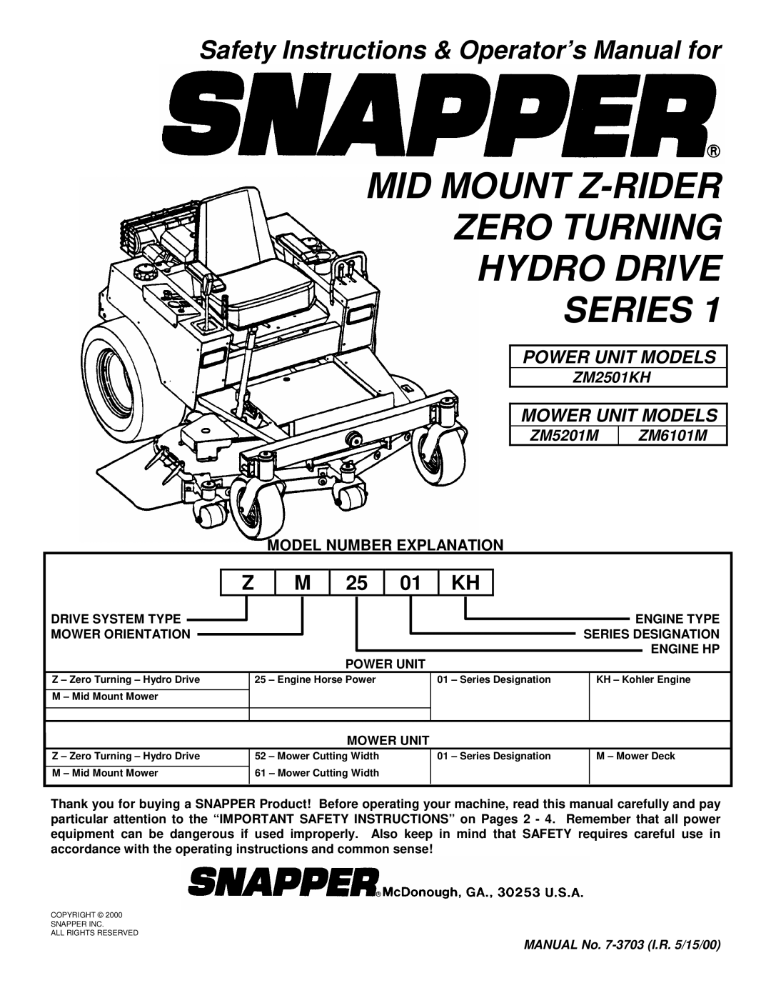 Snapper ZM5201M, ZM5201M, ZM6101M important safety instructions Model Number Explanation, Mower Unit 