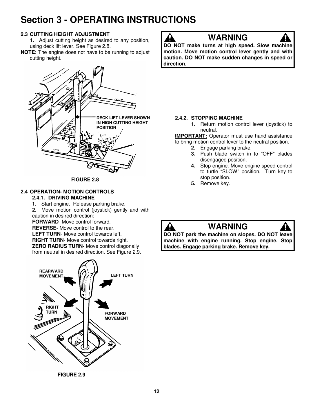 Snapper ZM6101M, ZM2501KH, ZM5201M Cutting Height Adjustment, OPERATION- Motion Controls 2.4.1. Driving Machine 