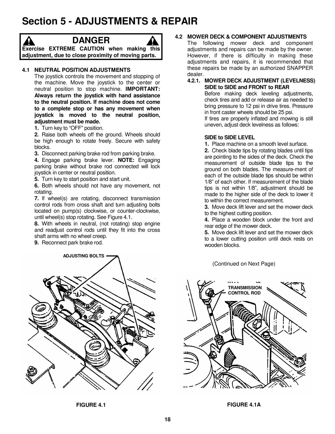 Snapper ZM6101M, ZM2501KH, ZM5201M, ZM5201M, ZM5201M, ZM6101M Neutral Position Adjustments, Side to Side Level 