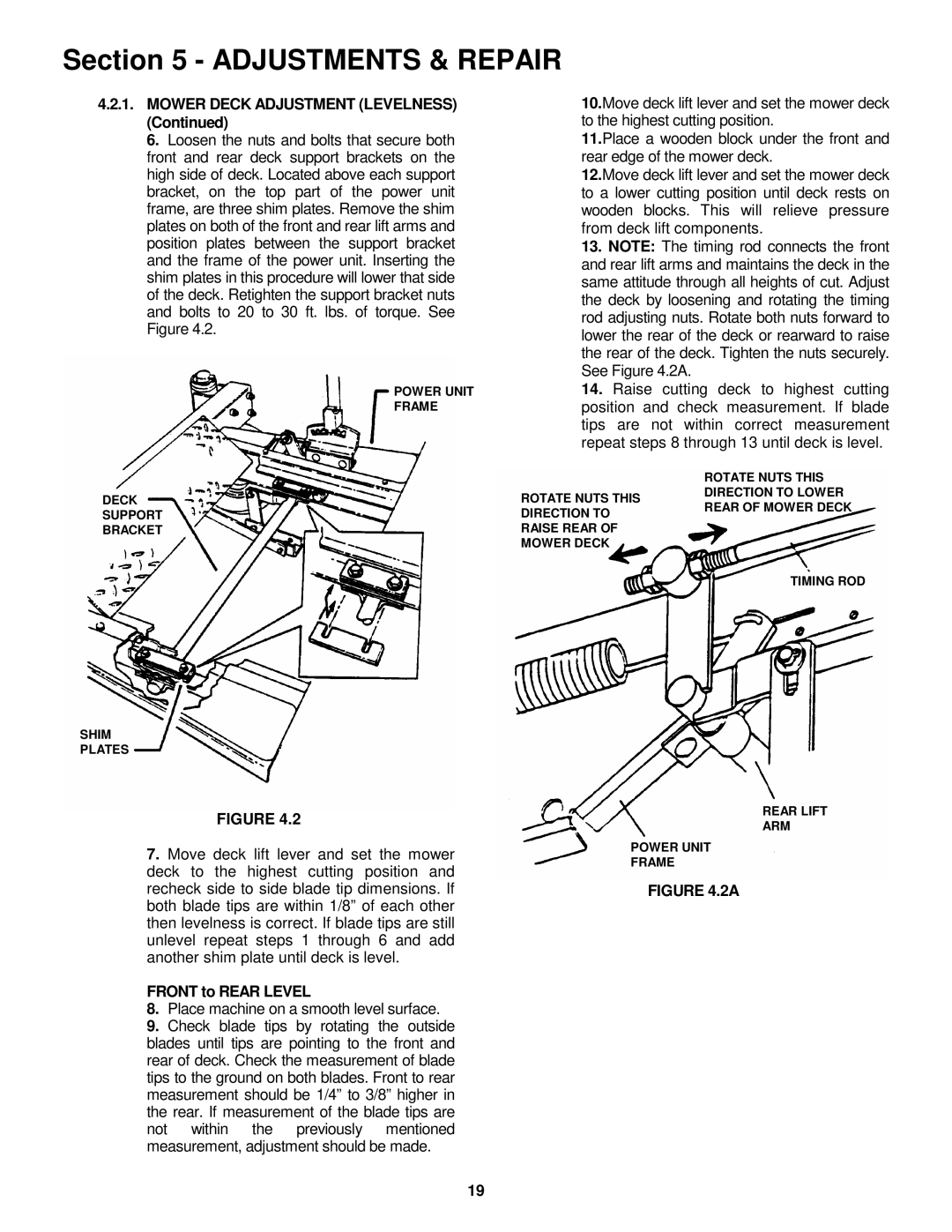 Snapper ZM5201M, ZM5201M, ZM6101M, ZM6101M, ZM2501KH, ZM5201M Mower Deck Adjustment Levelness, Front to Rear Level 