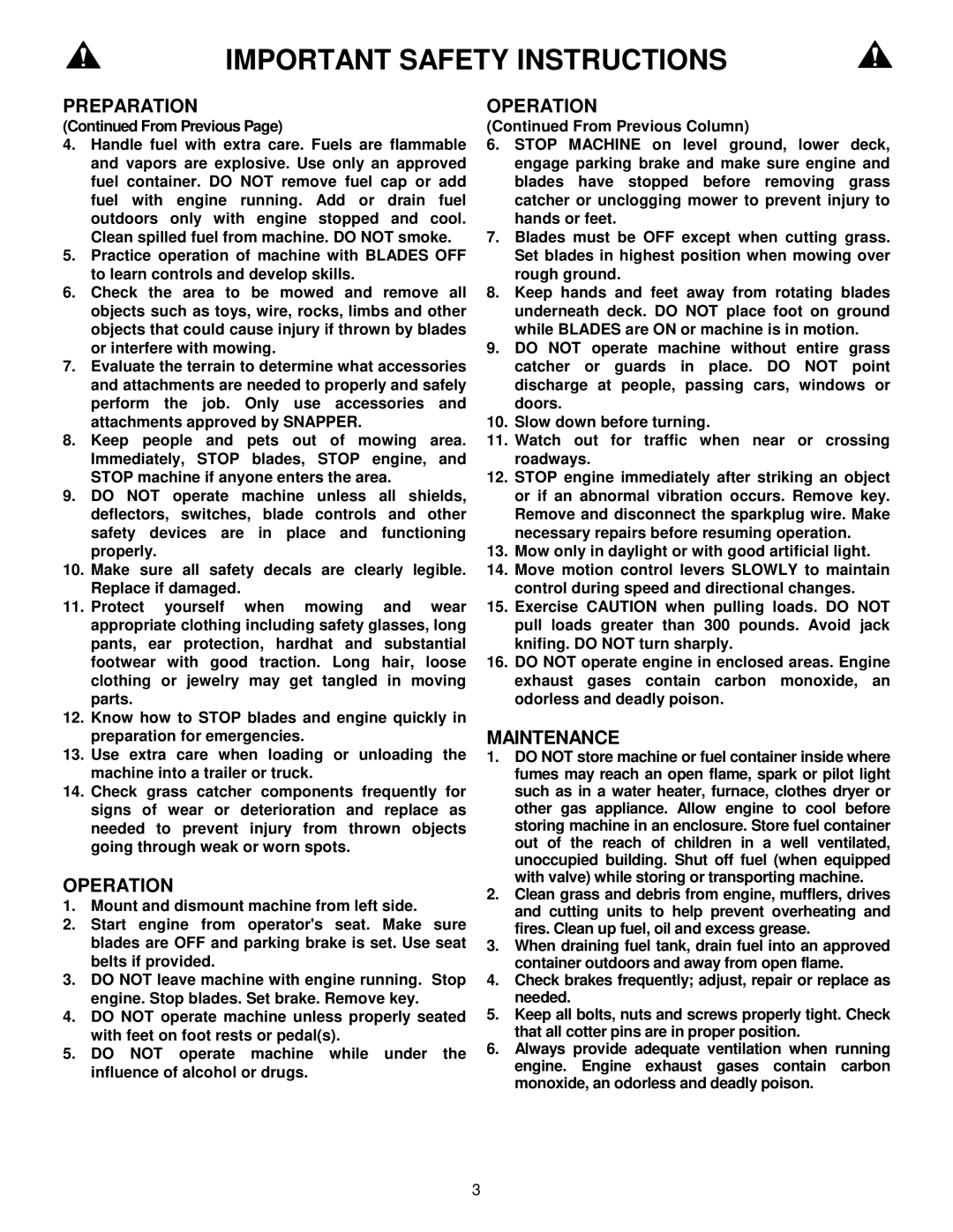 Snapper ZM5201M, ZM5201M, ZM6101M, ZM6101M, ZM2501KH, ZM5201M important safety instructions Operation, Maintenance 