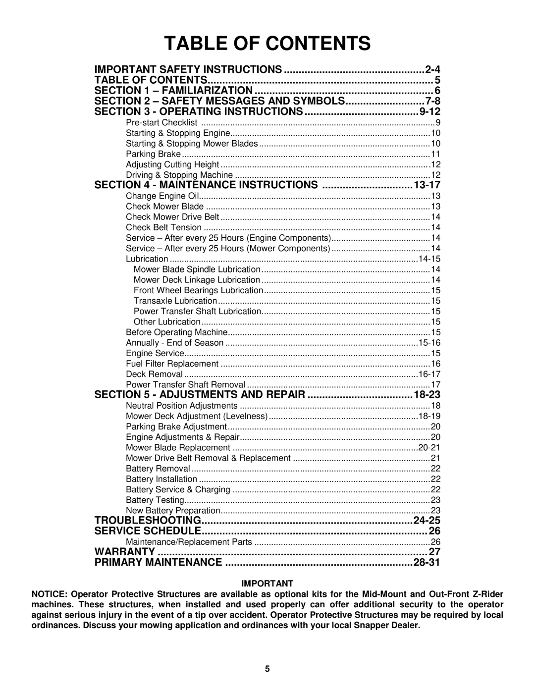 Snapper ZM5201M, ZM5201M, ZM6101M, ZM6101M, ZM2501KH, ZM5201M important safety instructions Table of Contents 