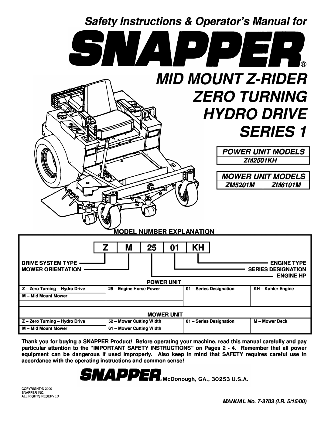 Snapper ZM5201M, ZM5201M, ZM6101M important safety instructions Safety Instructions & Operator’s Manual for, ZM2501KH 