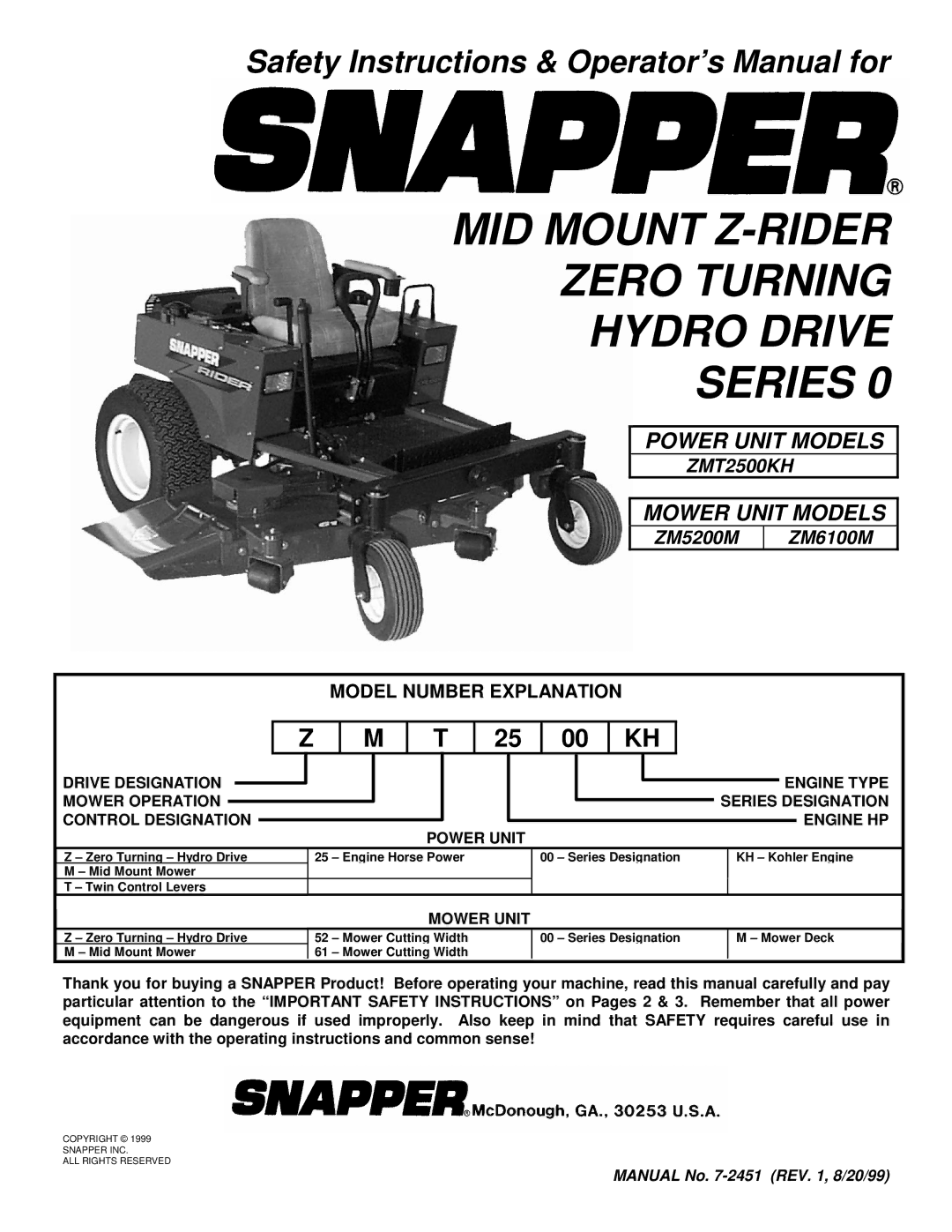 Snapper ZMT2500KH, ZM5201M, ZM6101M important safety instructions Model Number Explanation, Mower Unit 