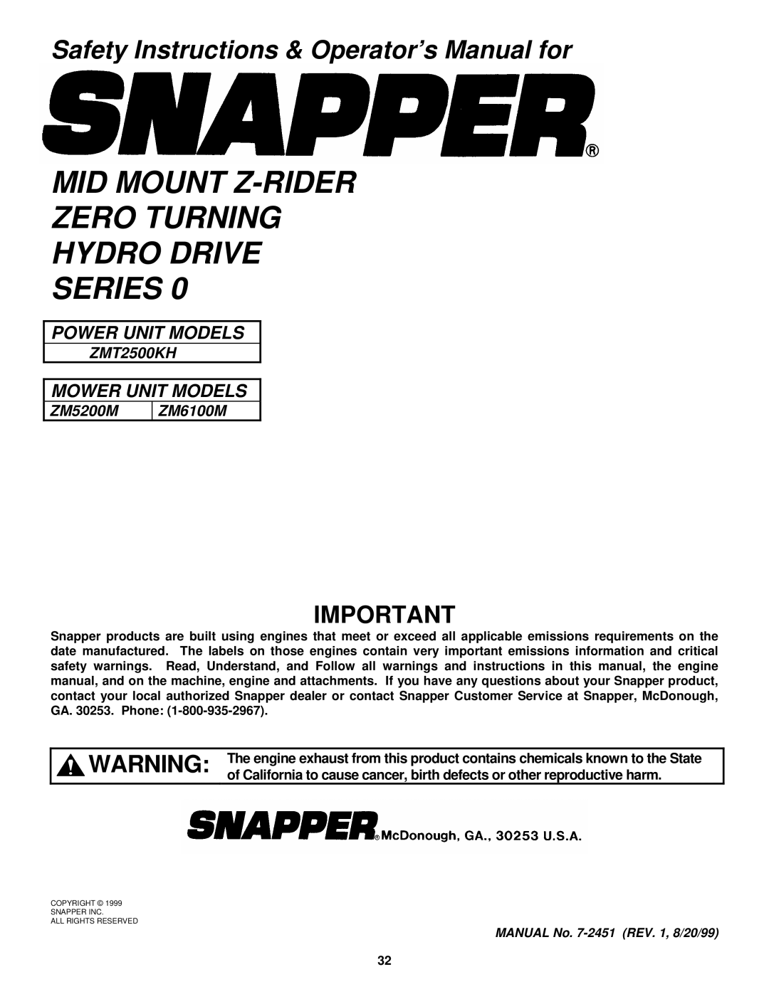 Snapper ZMT2500KH, ZM5201M, ZM6101M important safety instructions MID Mount Z-RIDER Zero Turning Hydro Drive Series 