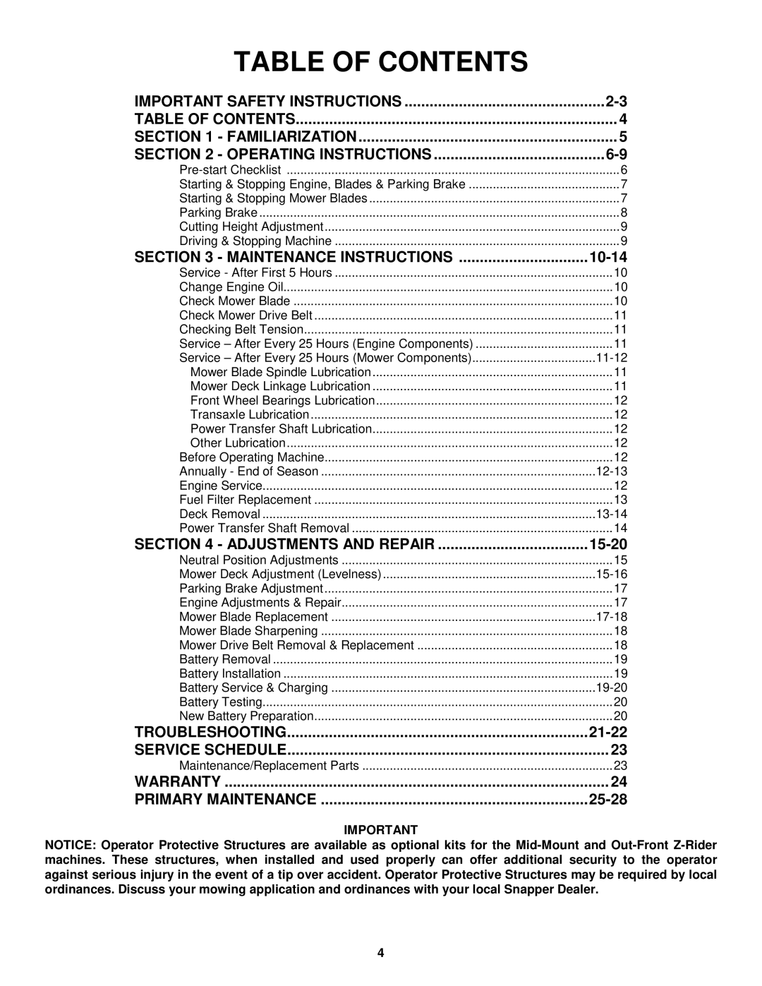 Snapper ZMT2500KH, ZM5201M, ZM6101M important safety instructions Table of Contents 