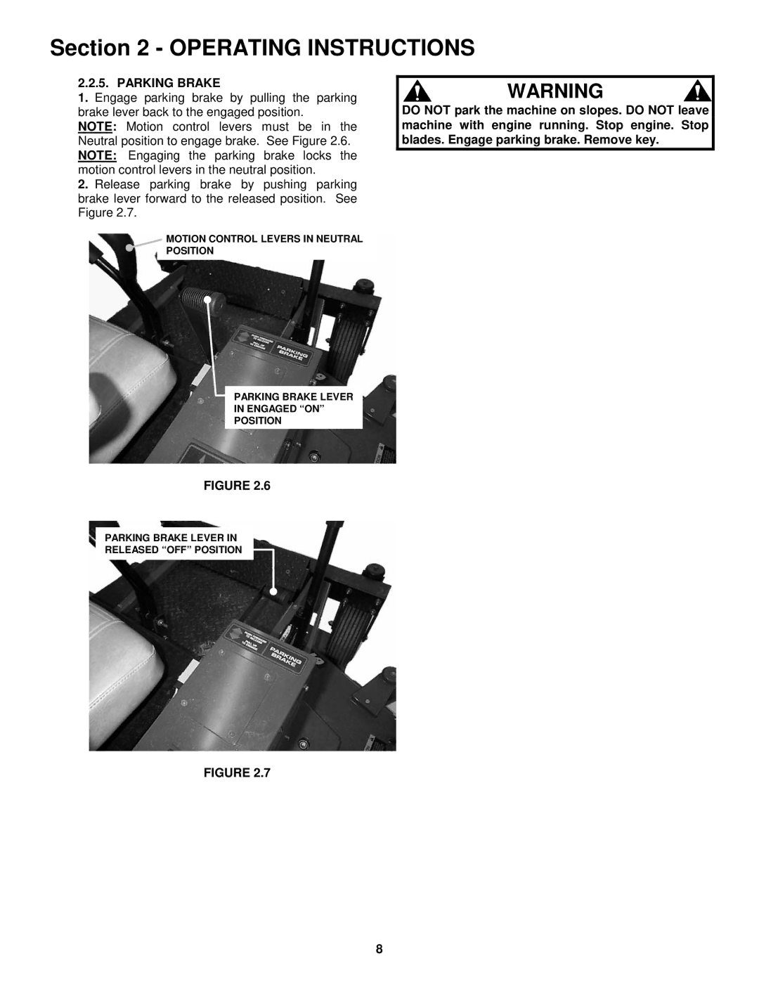 Snapper ZMT2500KH, ZM5201M, ZM6101M important safety instructions Parking Brake 