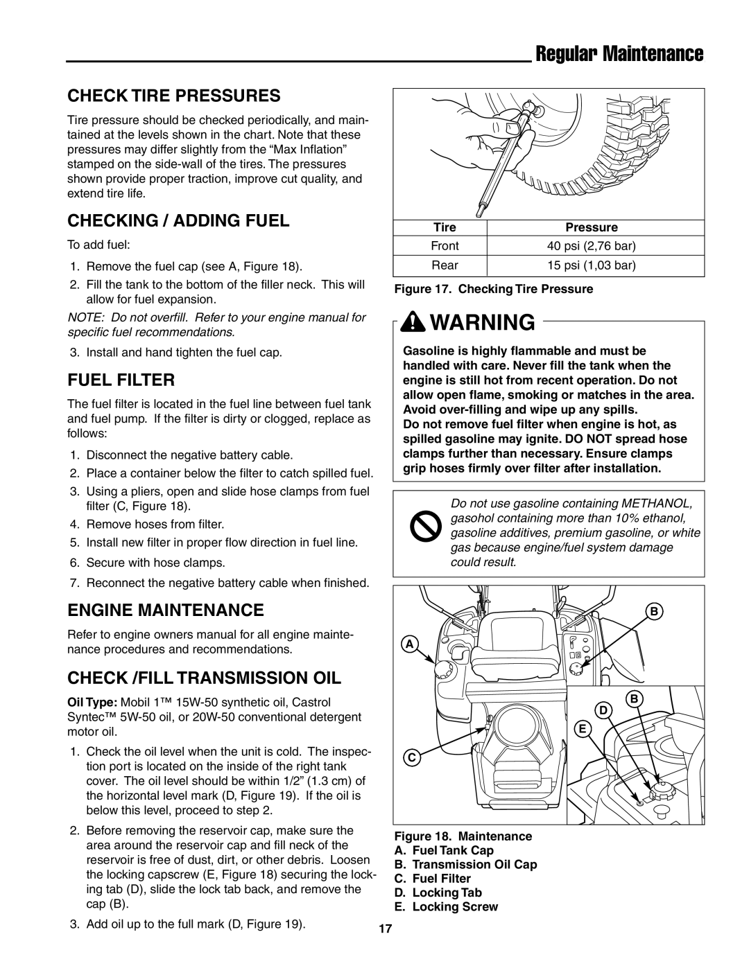 Snapper ZT20501BV, ZT19441KWV, ZT18441KHC Check Tire Pressures, Checking / Adding Fuel, Fuel Filter 