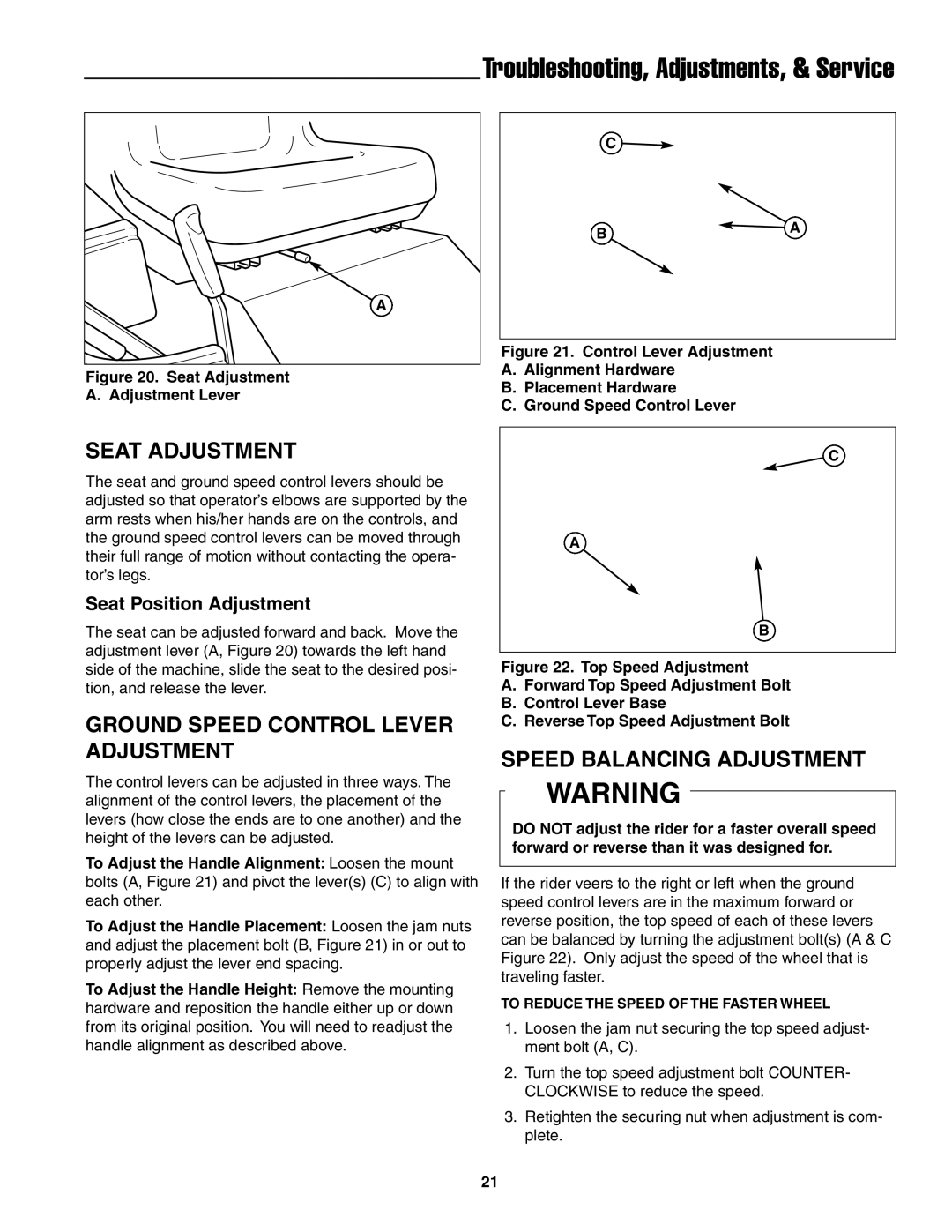 Snapper ZT19441KWV, ZT20501BV Seat Adjustment, Ground Speed Control Lever Adjustment, Speed Balancing Adjustment 