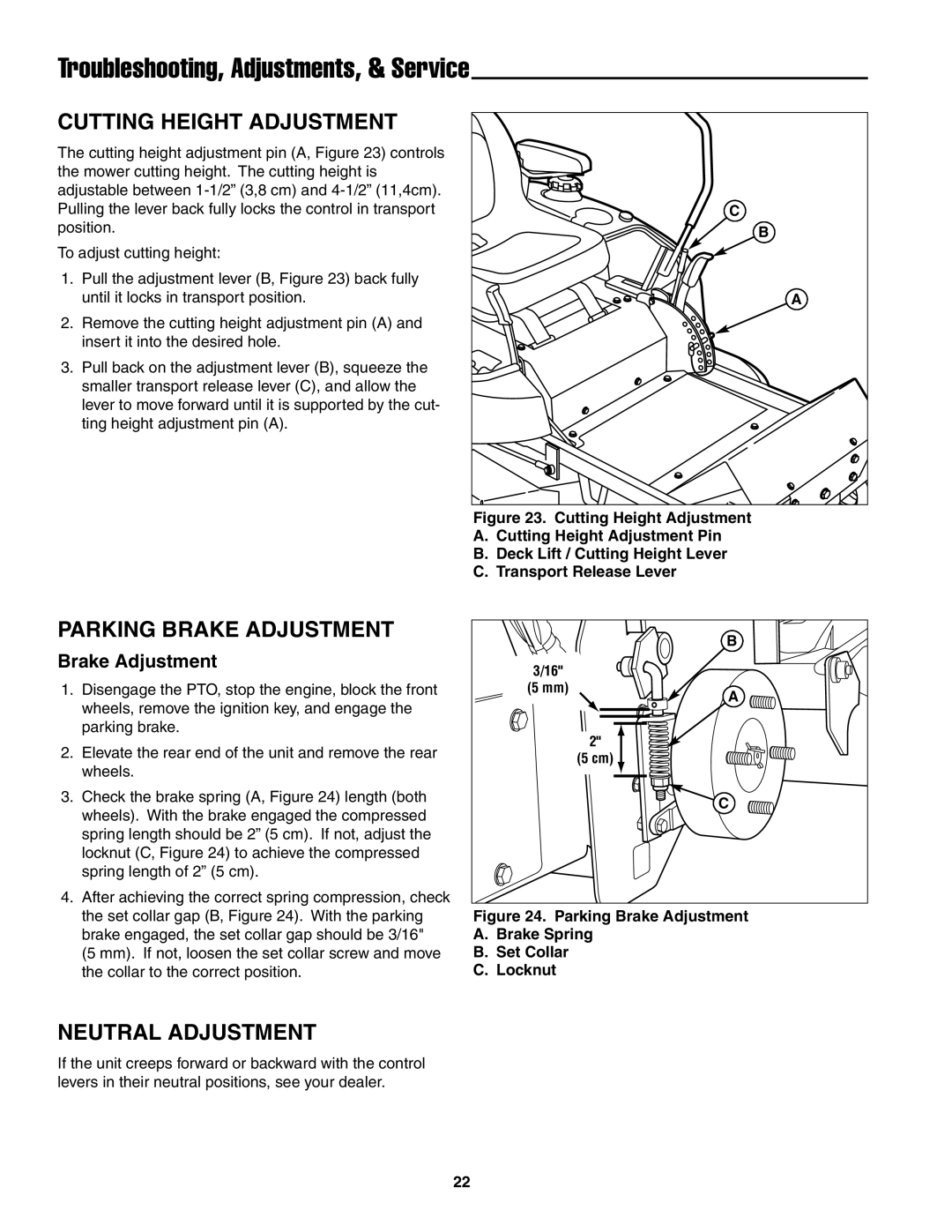 Snapper ZT18441KHC, ZT20501BV, ZT19441KWV Cutting Height Adjustment, Parking Brake Adjustment, Neutral Adjustment 