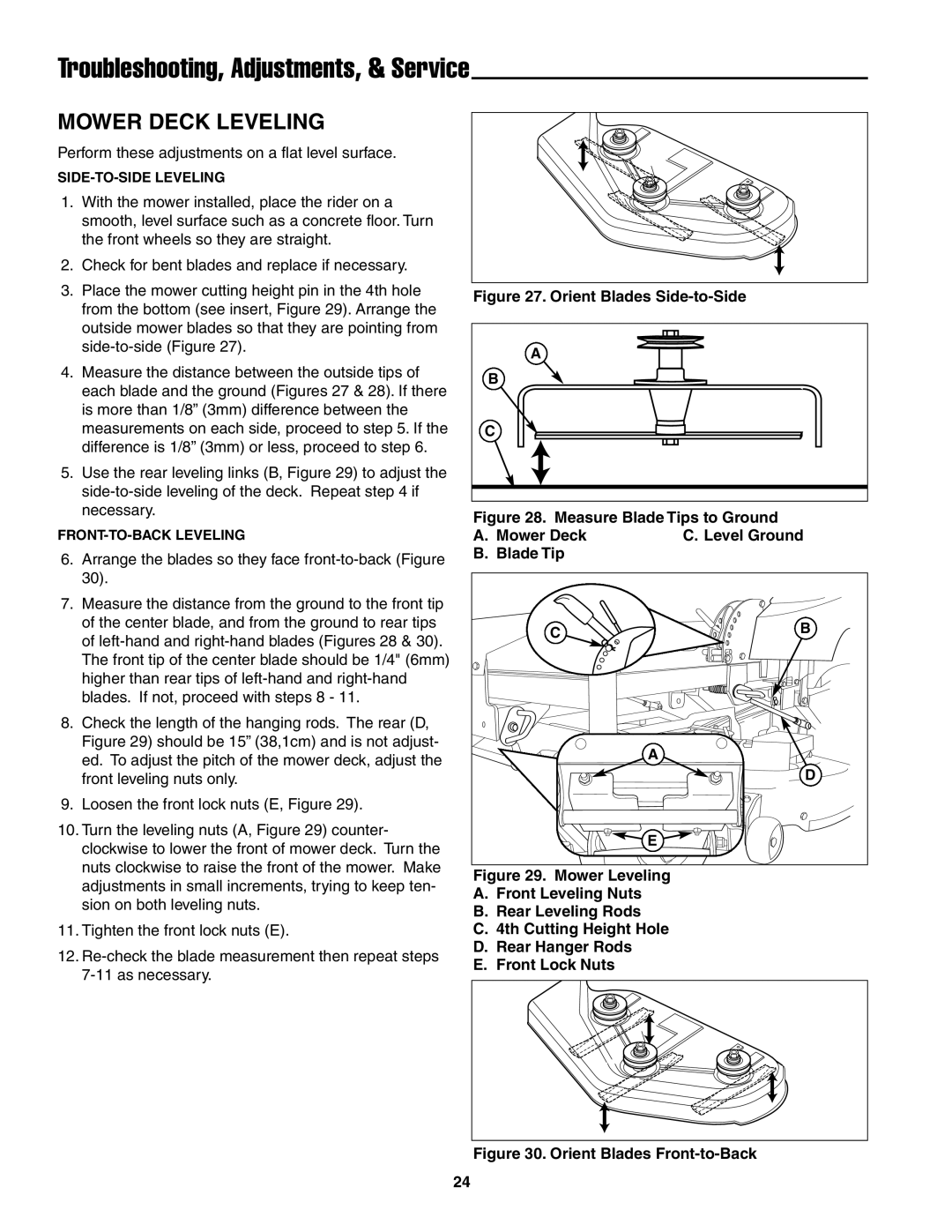 Snapper ZT19441KWV, ZT20501BV, ZT18441KHC important safety instructions Mower Deck Leveling, Orient Blades Side-to-Side 