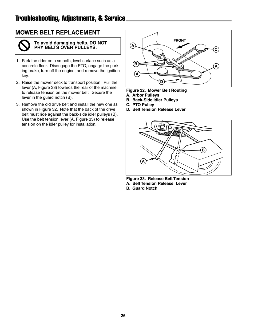 Snapper ZT20501BV, ZT19441KWV, ZT18441KHC important safety instructions Mower Belt Replacement, PRY Belts Over Pulleys 