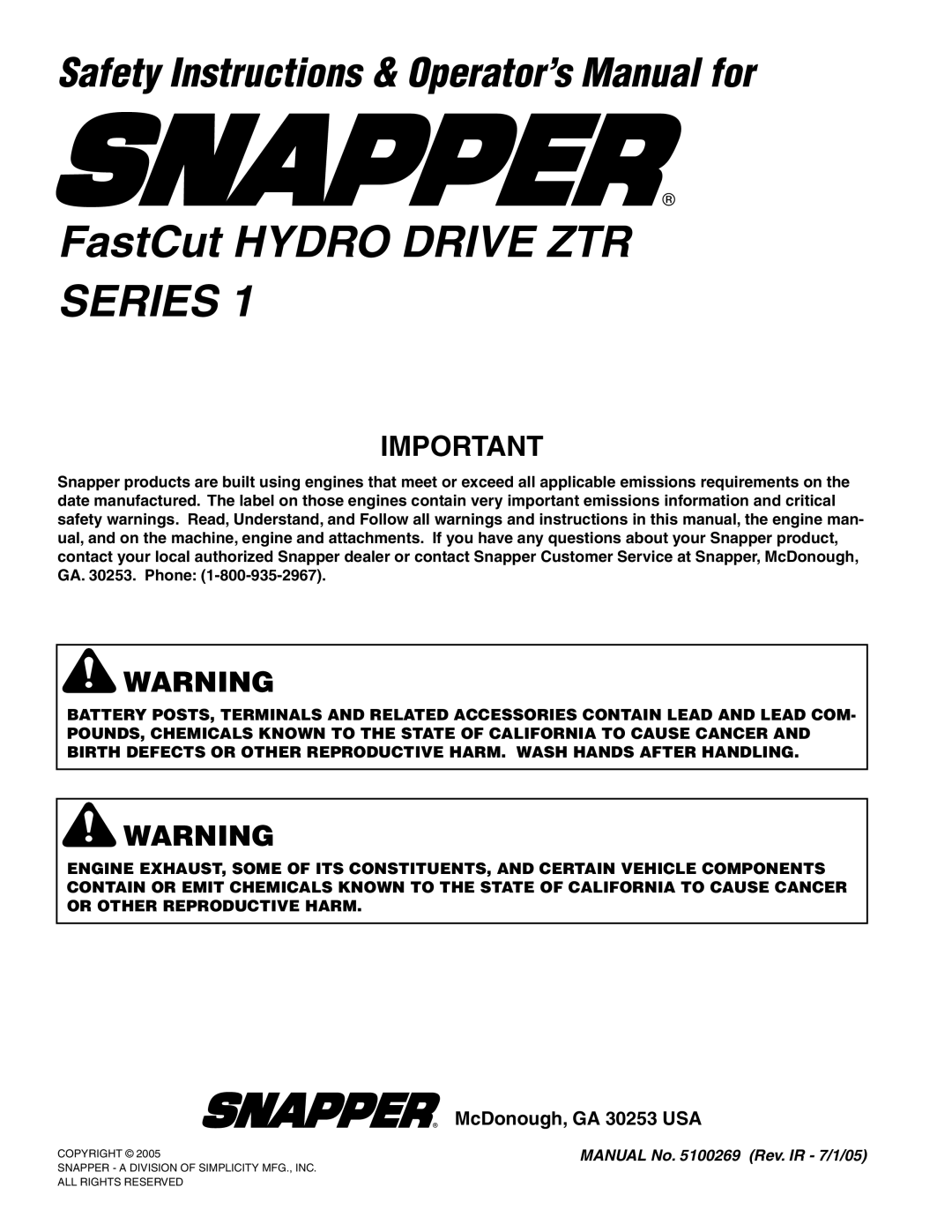 Snapper ZT20501BV, ZT19441KWV, ZT18441KHC important safety instructions Safety Instructions & Operator’s Manual for 