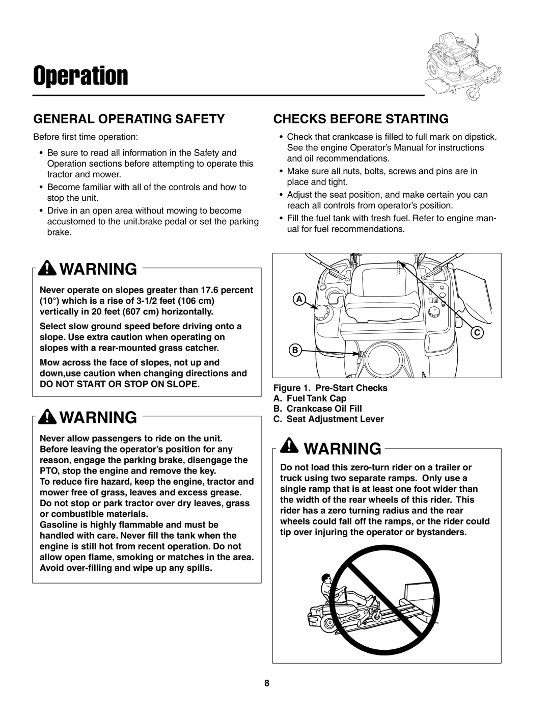 Snapper ZT20501BV, ZT19441KWV, ZT18441KHC important safety instructions General Operating Safety, Checks Before Starting 