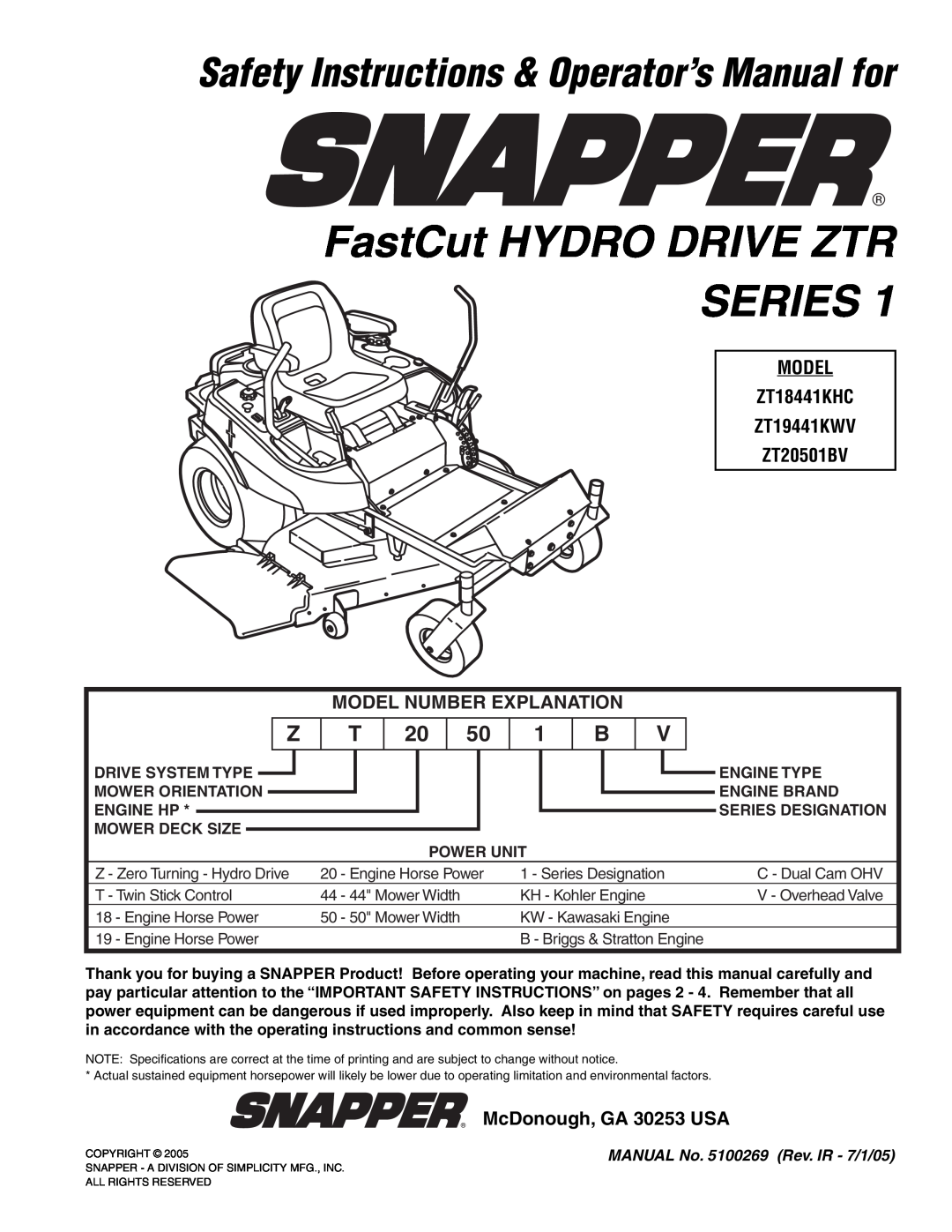 Snapper ZT19441KWV, ZT20501BV, ZT18441KHC important safety instructions FastCut HYDRO DRIVE ZTR SERIES 