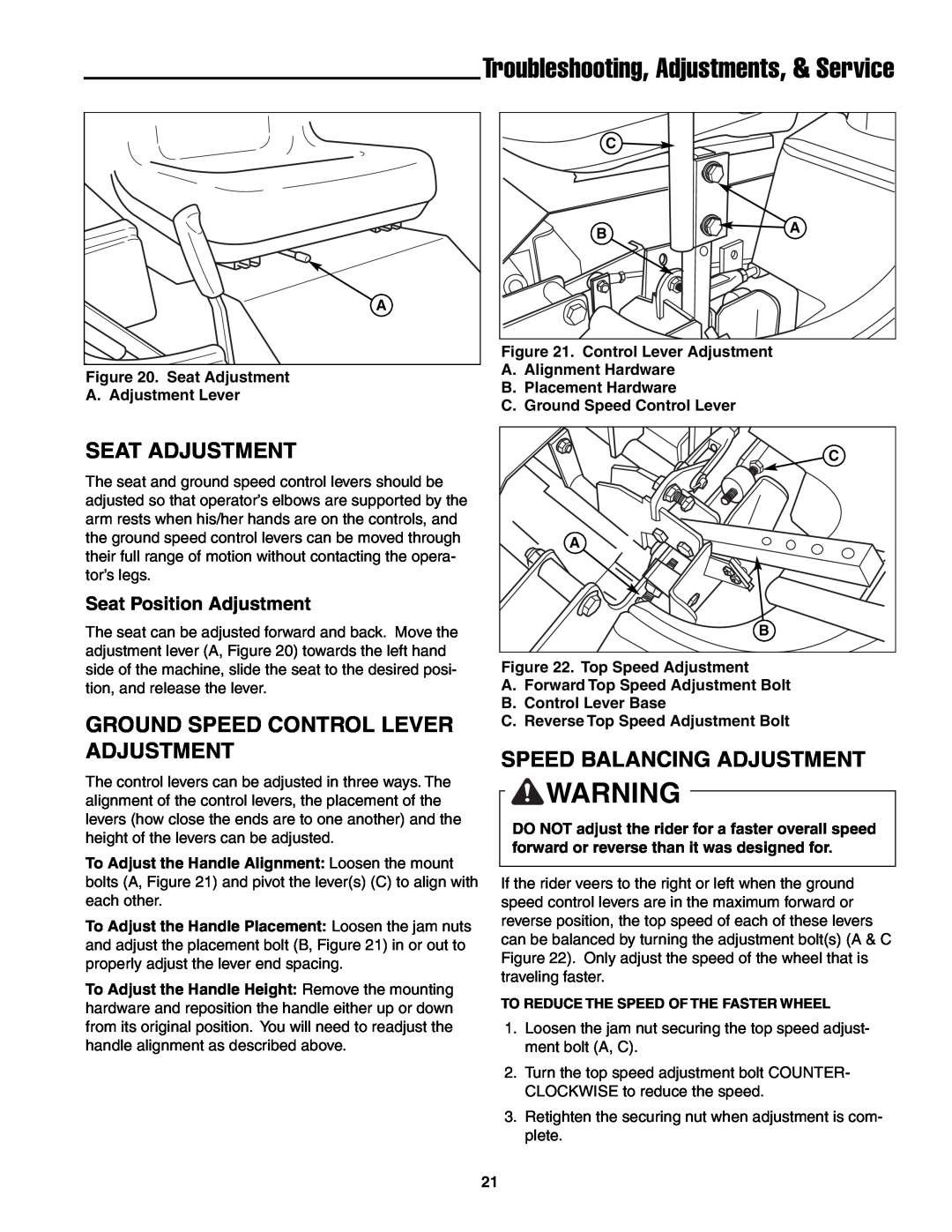 Snapper ZT19441KWV Troubleshooting, Adjustments, & Service, Seat Adjustment, Ground Speed Control Lever Adjustment 