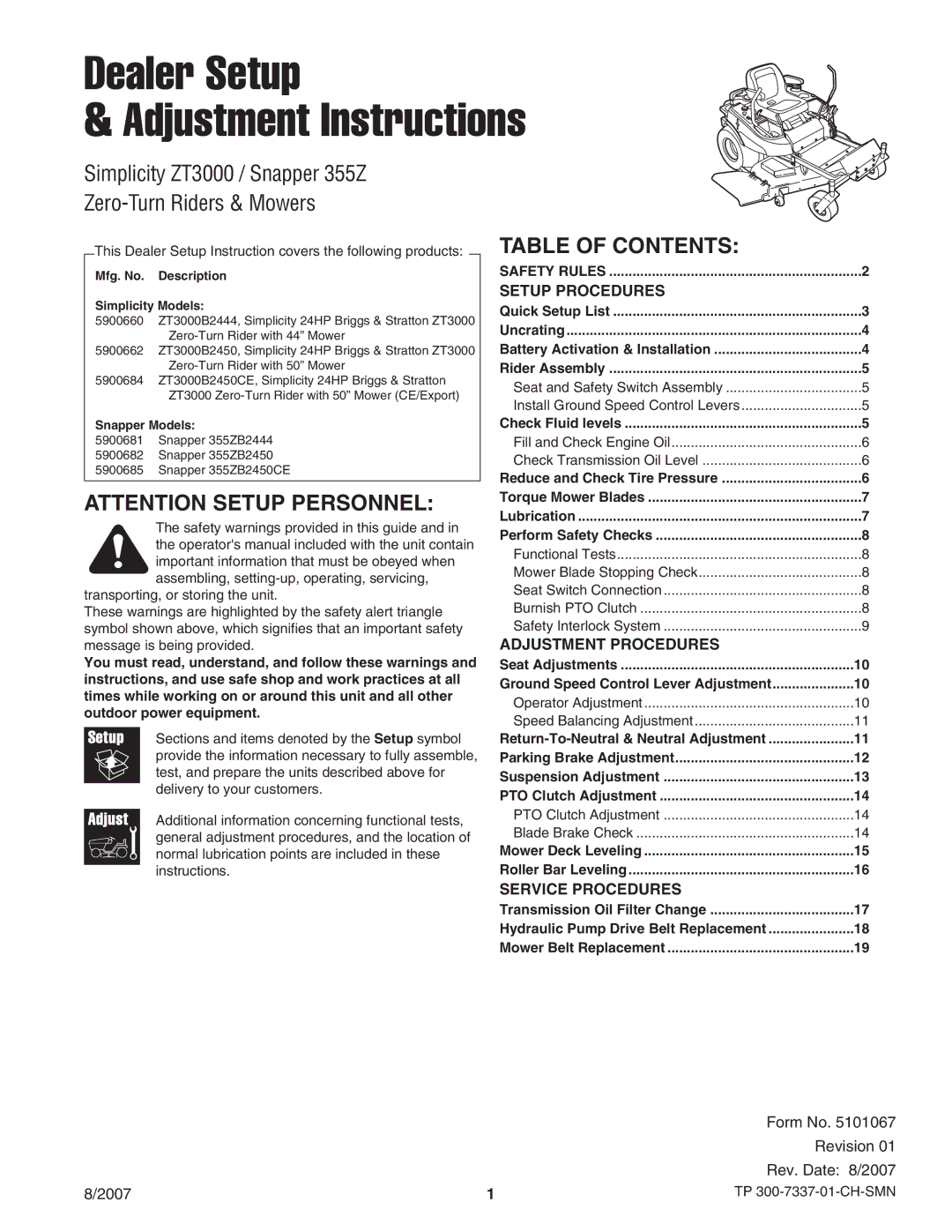 Snapper ZT3000 manual Dealer Setup Adjustment Instructions 