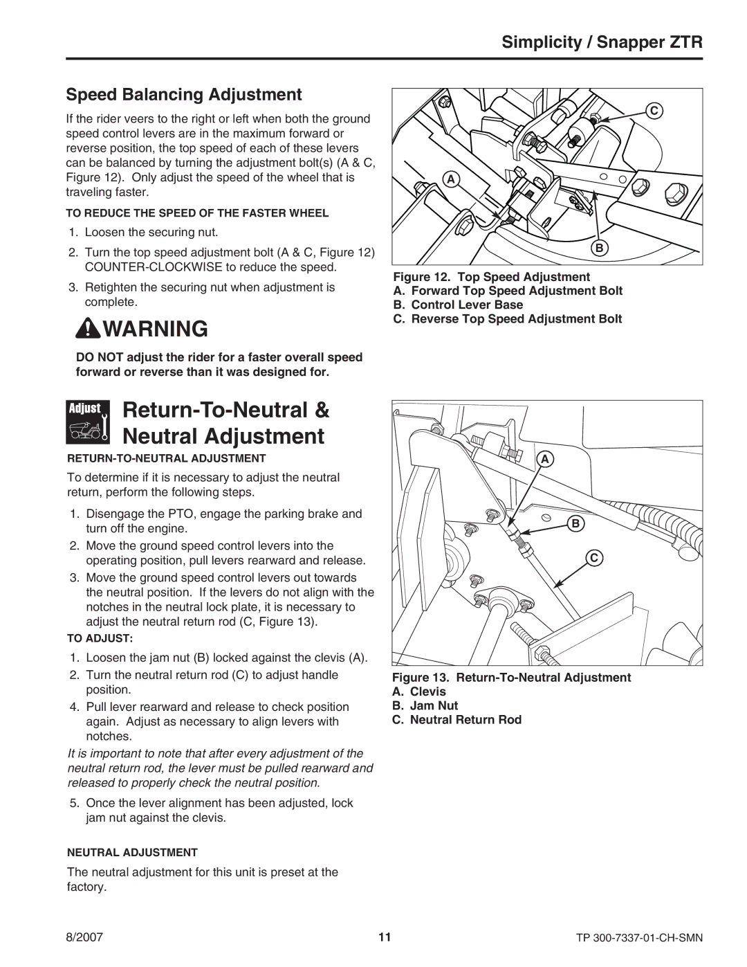 Snapper ZT3000 manual Return-To-Neutral Neutral Adjustment, Simplicity / Snapper ZTR Speed Balancing Adjustment 