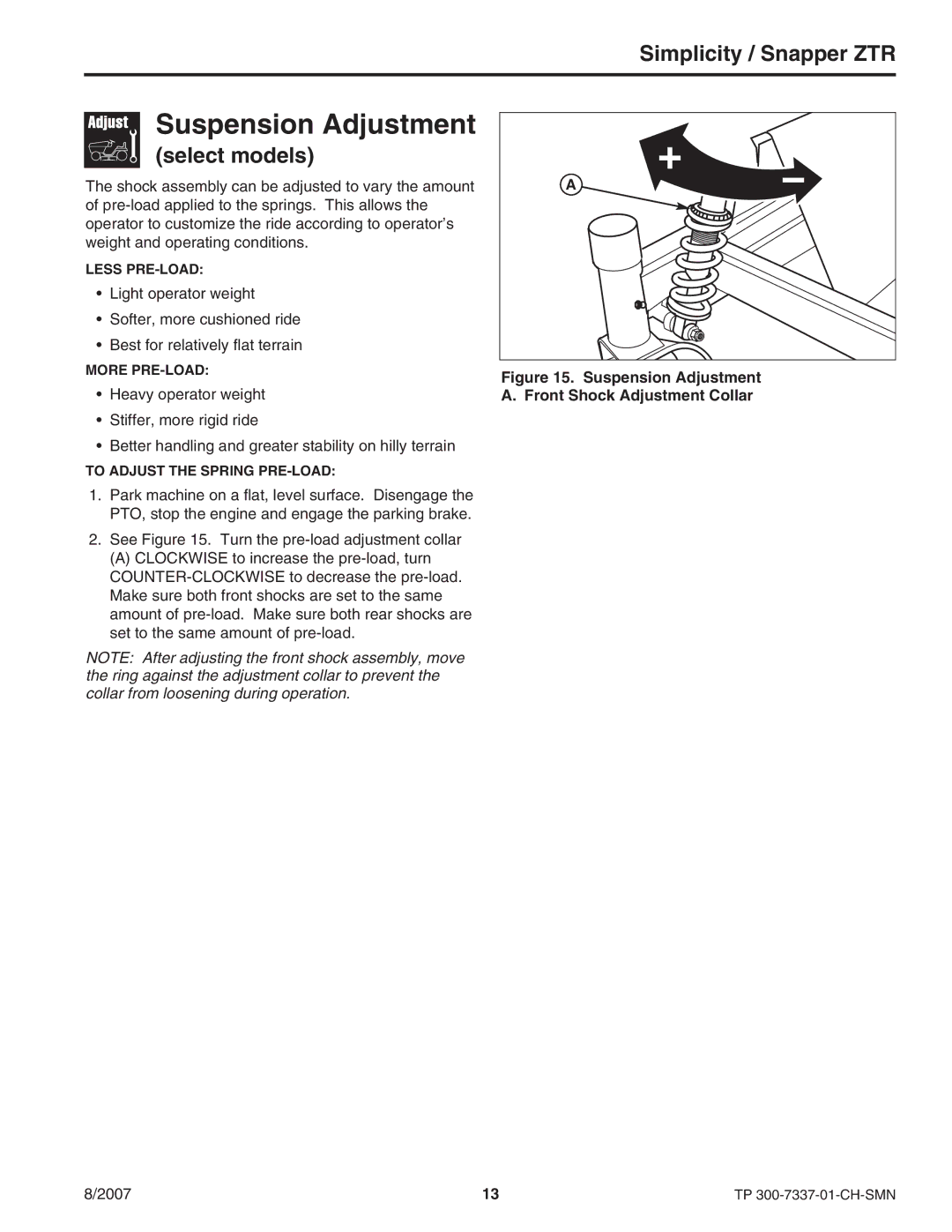 Snapper ZT3000 manual Suspension Adjustment, Select models 