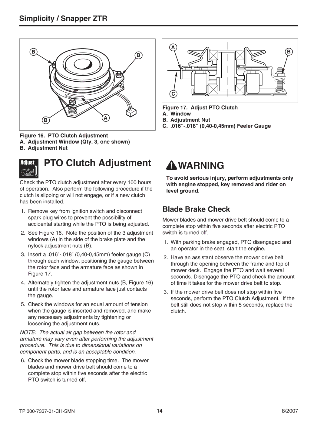 Snapper ZT3000 manual PTO Clutch Adjustment, Blade Brake Check 