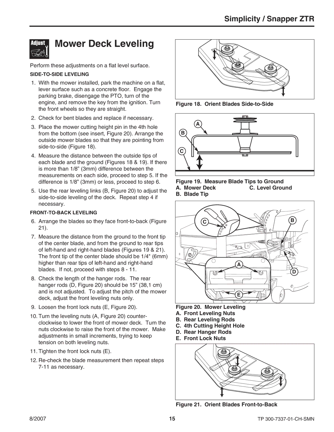 Snapper ZT3000 manual Mower Deck Leveling, Orient Blades Front-to-Back 