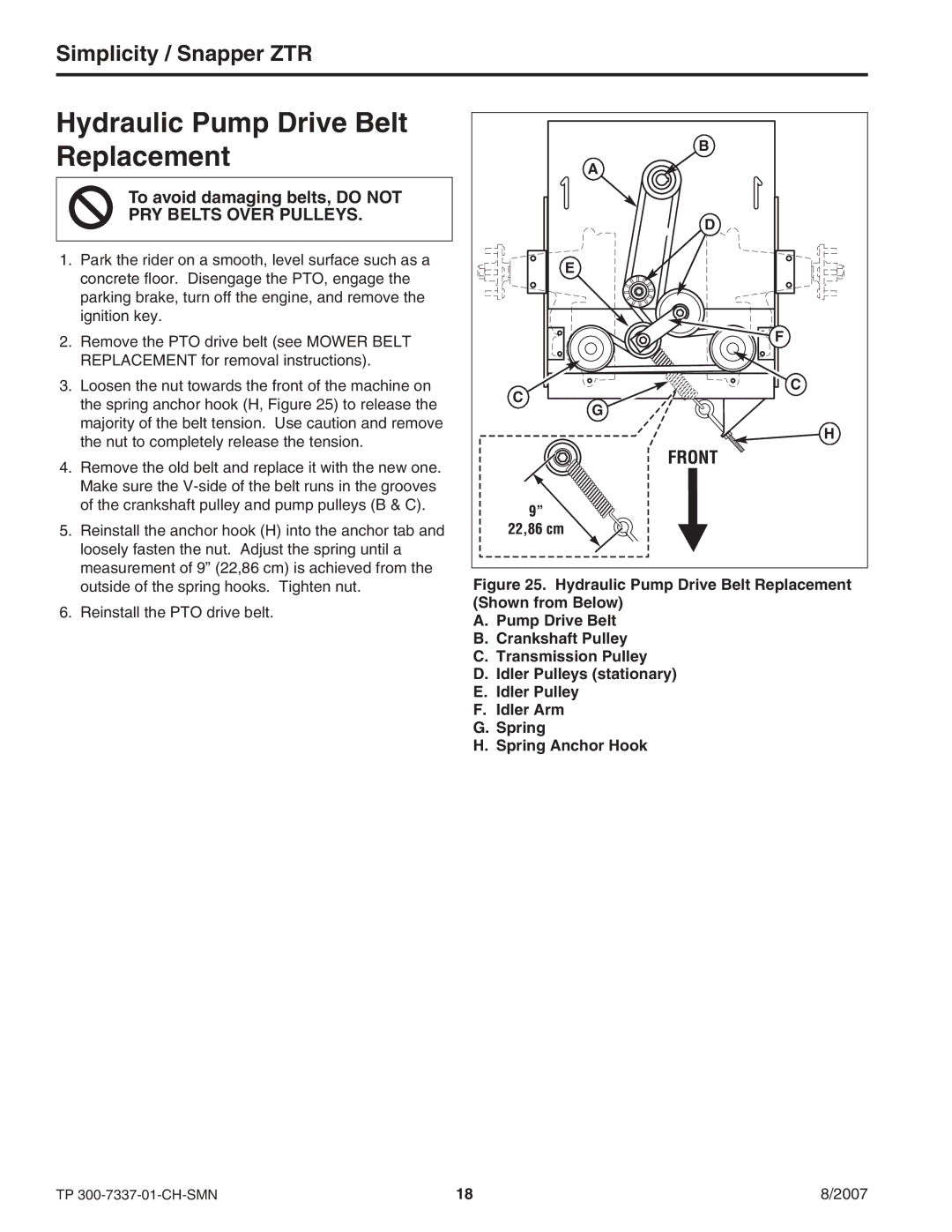 Snapper ZT3000 manual Hydraulic Pump Drive Belt Replacement, PRY Belts Over Pulleys 