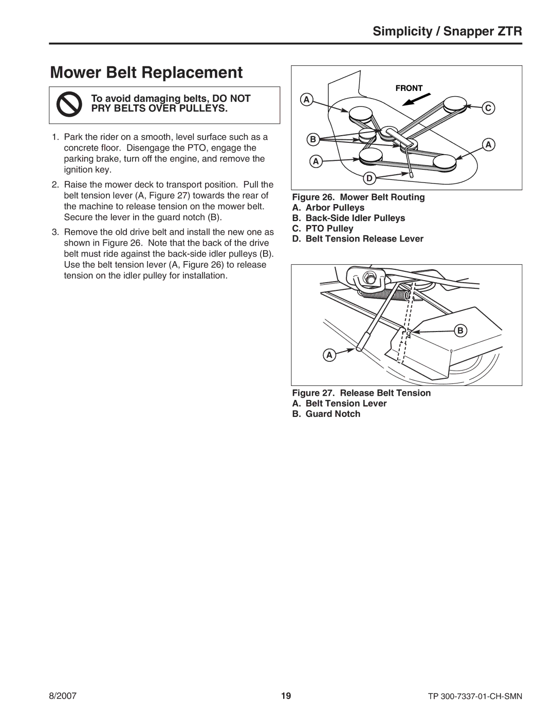 Snapper ZT3000 manual Mower Belt Replacement, Release Belt Tension Belt Tension Lever Guard Notch 