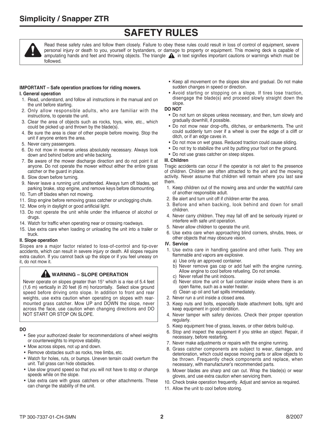 Snapper ZT3000 manual Safety Rules, Simplicity / Snapper ZTR 