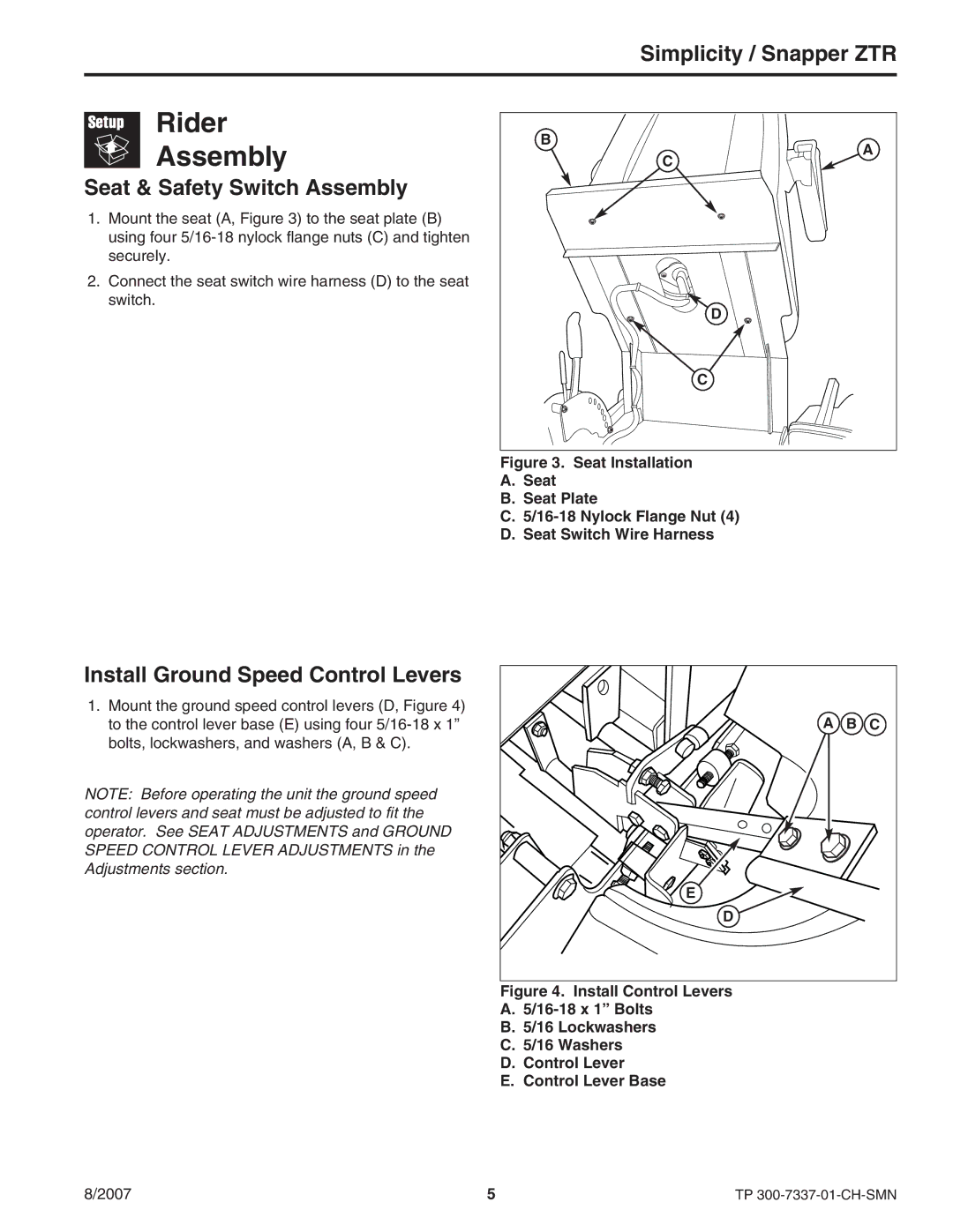 Snapper ZT3000 manual Rider Assembly, Seat & Safety Switch Assembly, Install Ground Speed Control Levers 