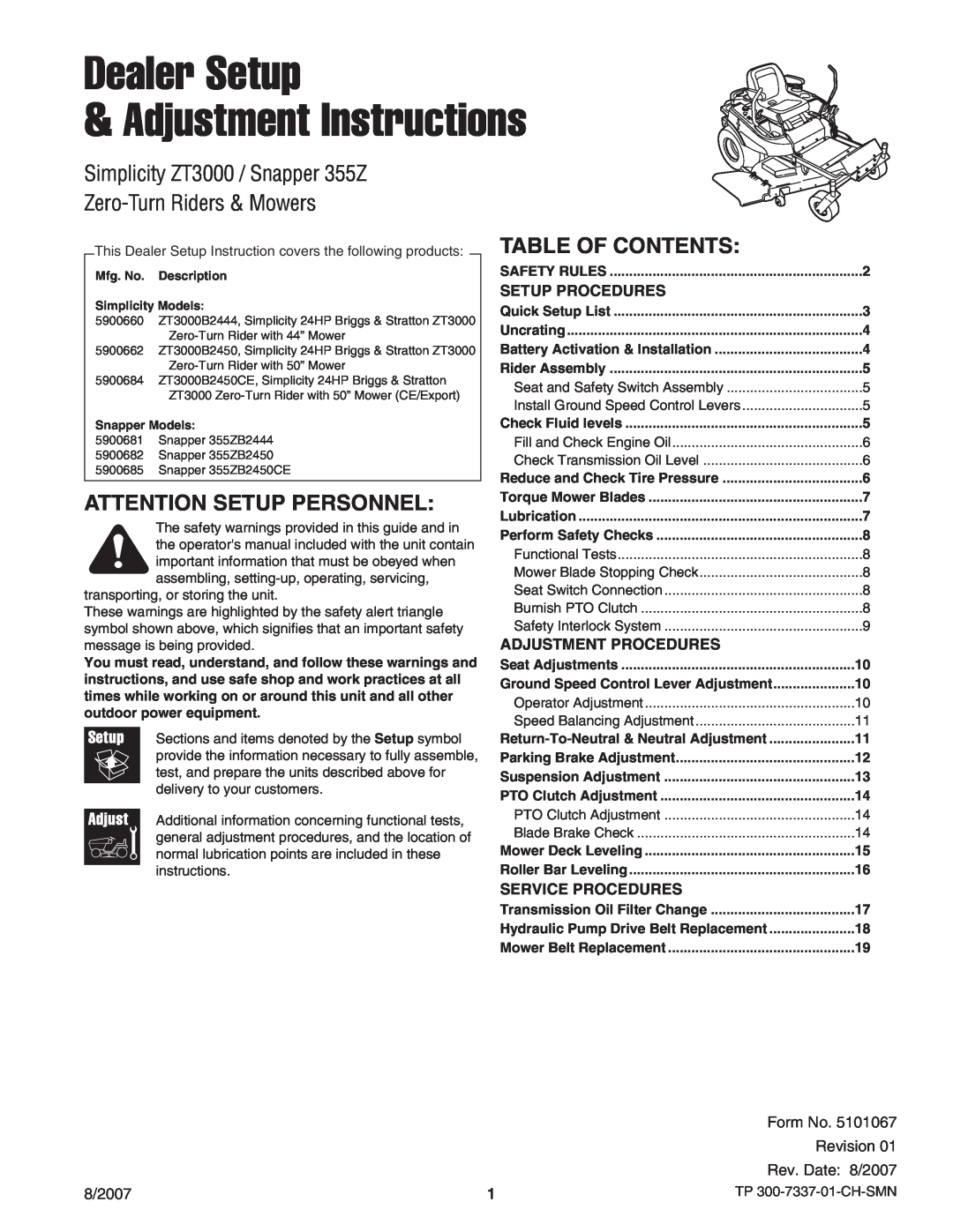 Snapper ZT3000 manual Attention Setup Personnel, Table Of Contents, Dealer Setup Adjustment Instructions 