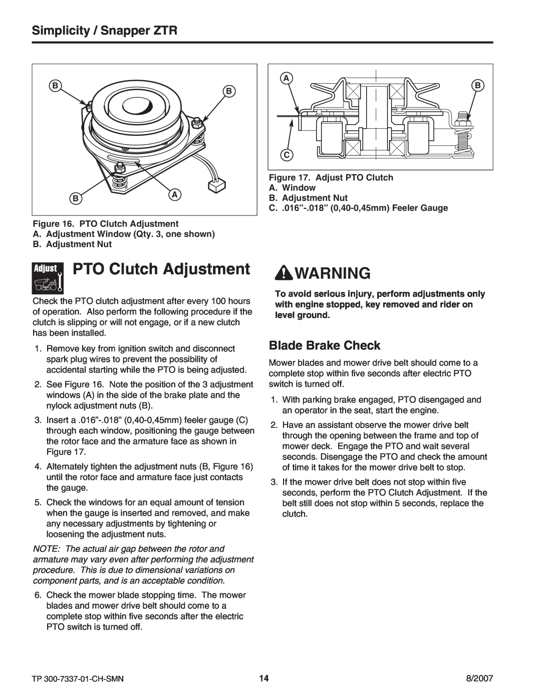 Snapper ZT3000 manual PTO Clutch Adjustment, Blade Brake Check, Simplicity / Snapper ZTR 