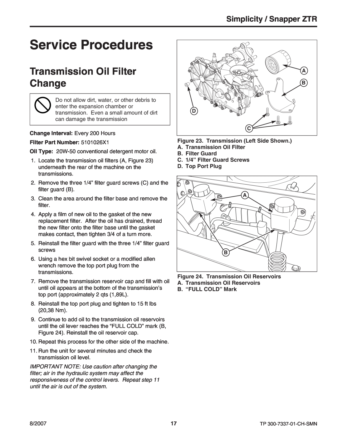 Snapper ZT3000 manual Service Procedures, Transmission Oil Filter Change, Simplicity / Snapper ZTR 