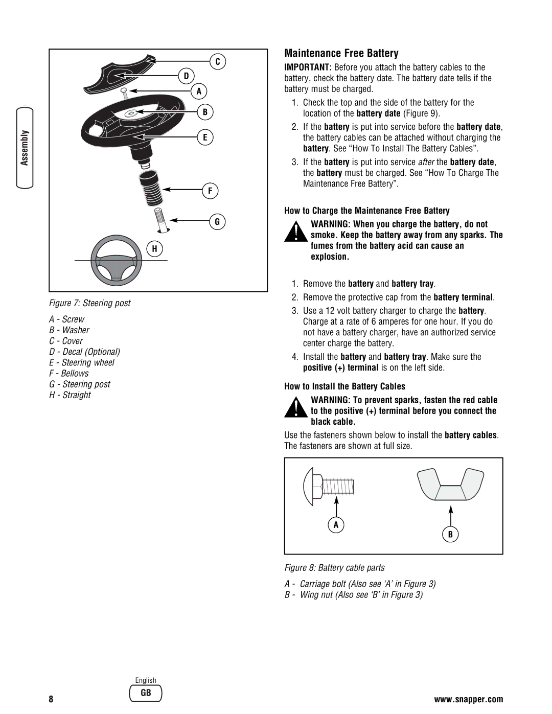 Snapper specifications Maintenance Free Battery, How to Install the Battery Cables 