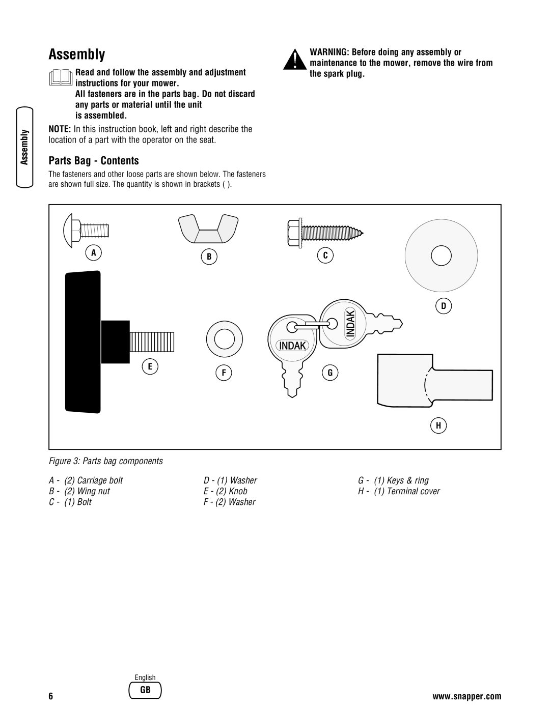 Snapper specifications Assembly, Parts Bag Contents 