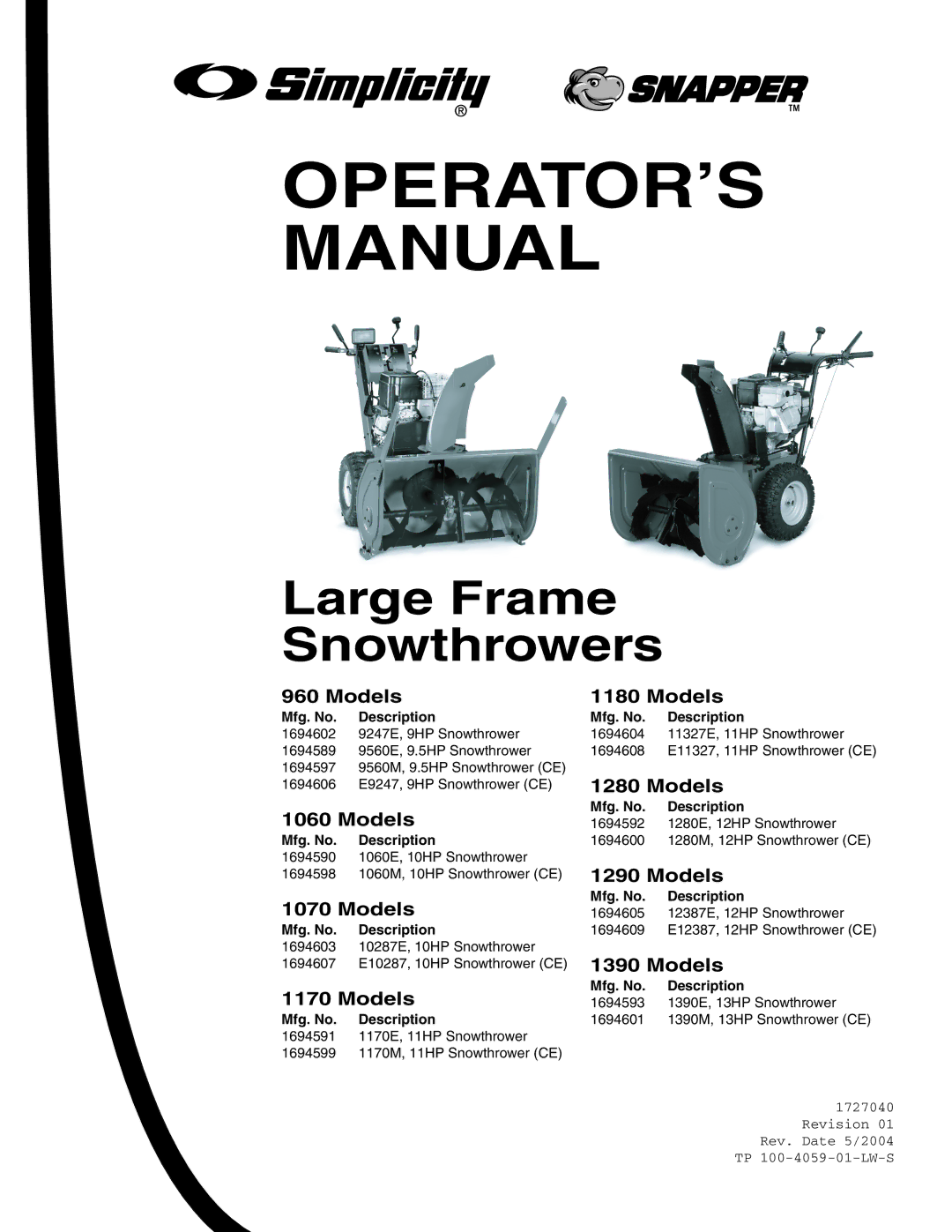 Snapper manual OPERATOR’S Manual, Models 