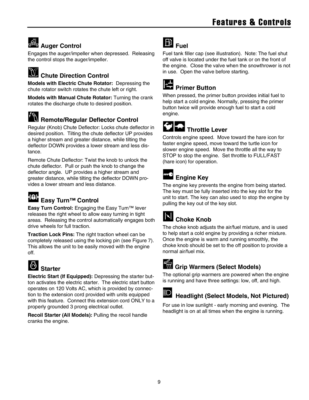 Snapper manual Features & Controls 