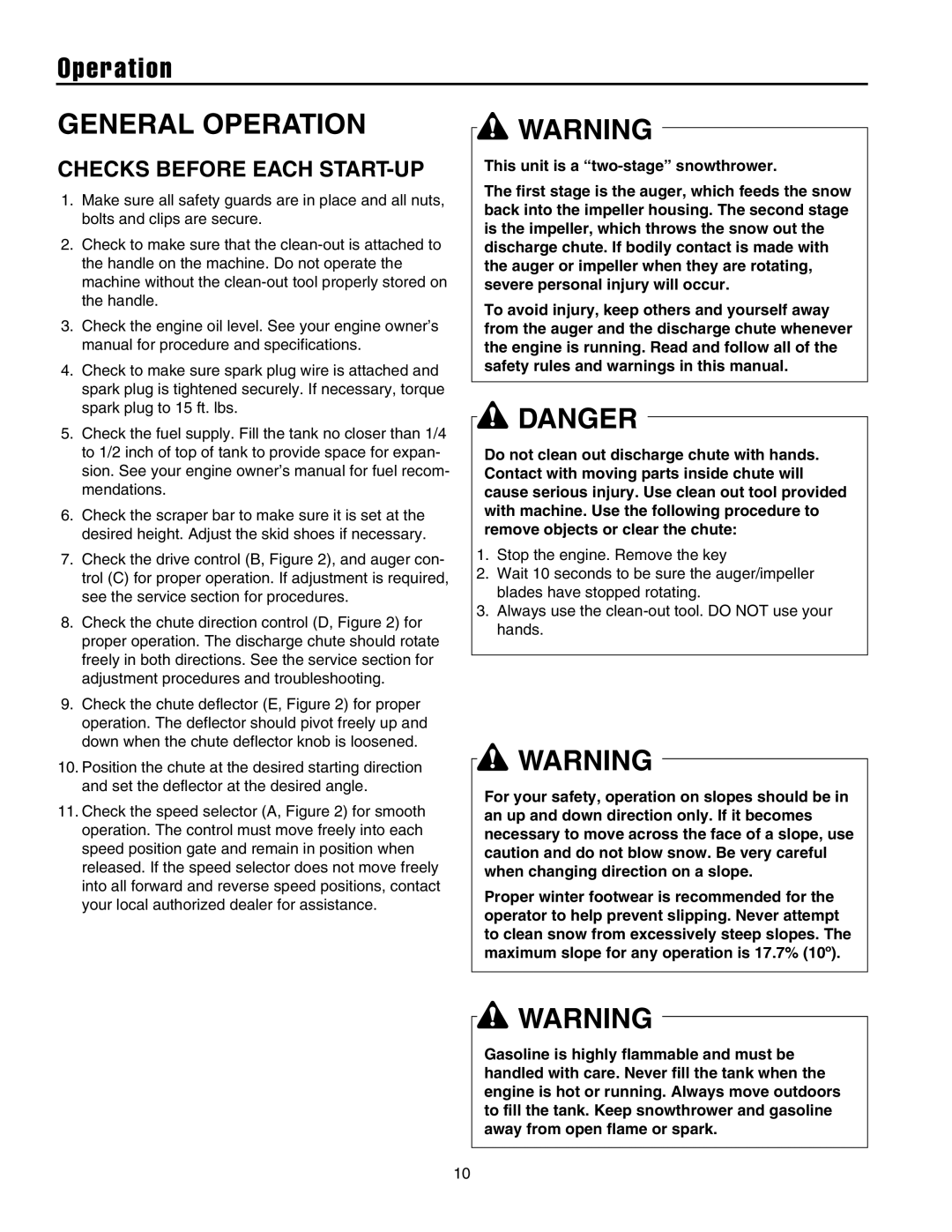 Snapper manual Operation, Checks Before Each START-UP 