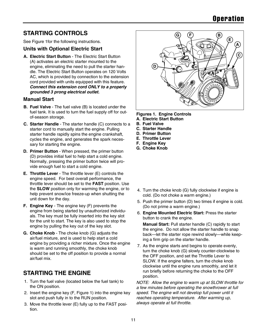 Snapper manual Starting Controls, Starting the Engine, Units with Optional Electric Start, Manual Start 