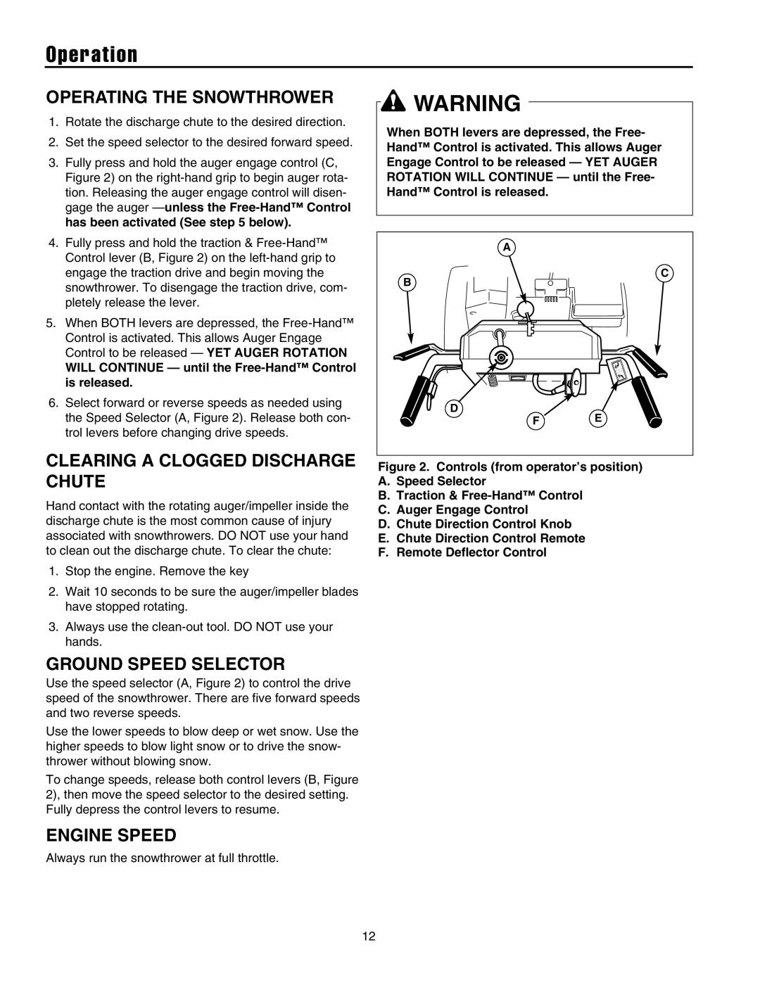 Snapper manual Operating the Snowthrower, Clearing a Clogged Discharge Chute, Ground Speed Selector, Engine Speed 