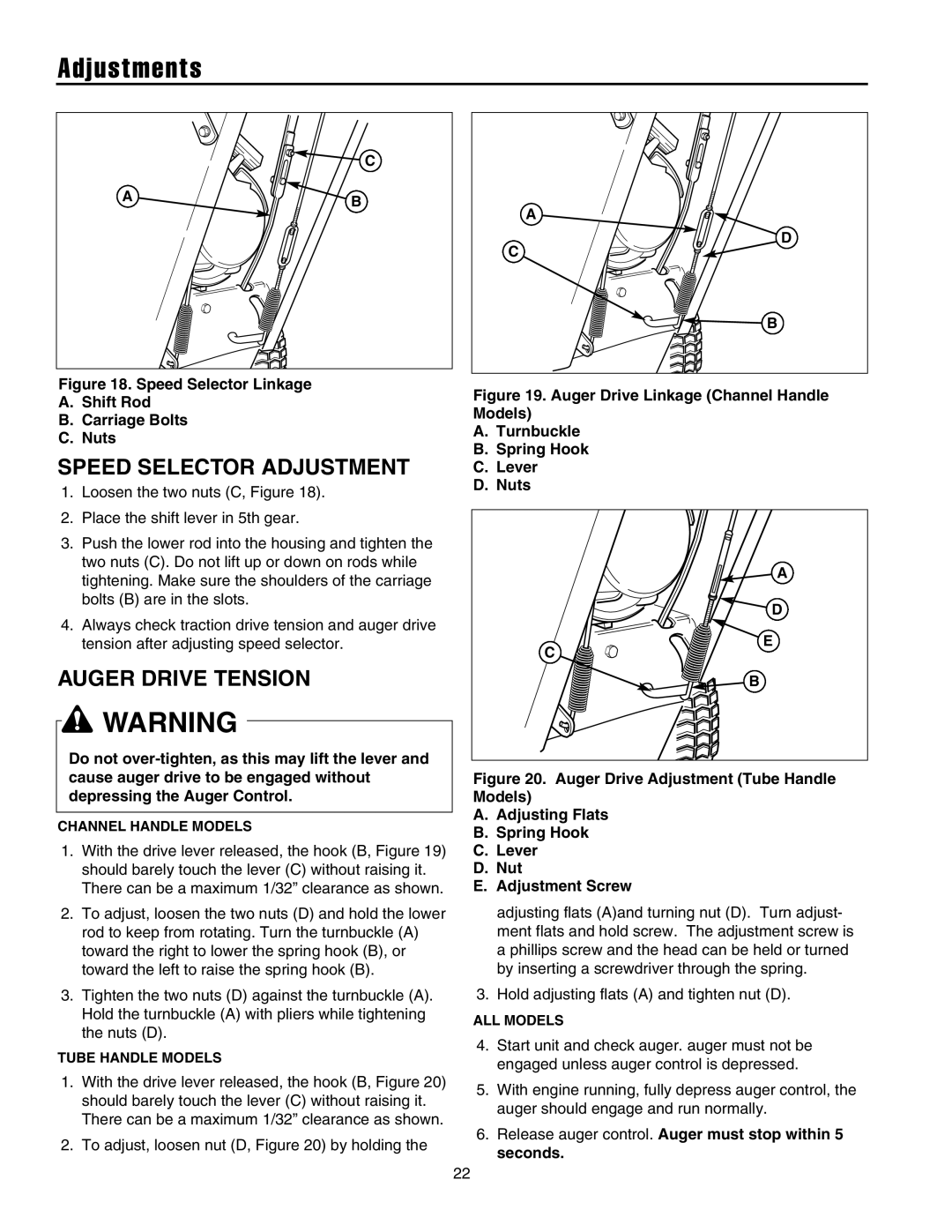 Snapper manual Adjustments, Speed Selector Adjustment, Auger Drive Tension 