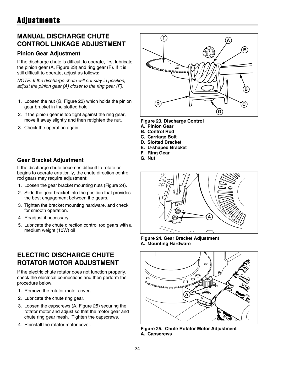 Snapper manual Pinion Gear Adjustment, Gear Bracket Adjustment, Mounting Hardware 