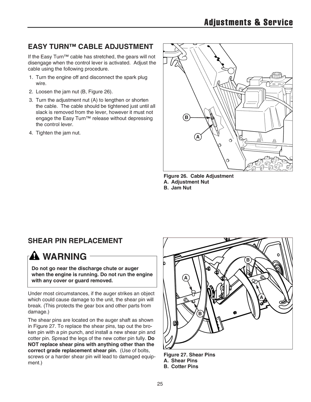 Snapper manual Adjustments & Service, Easy Turn Cable Adjustment, Shear PIN Replacement 