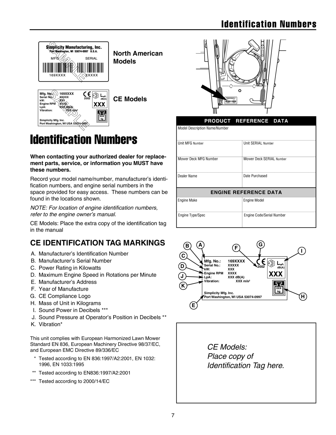 Snapper manual Identification Numbers, CE Identification TAG Markings, North American, CE Models 