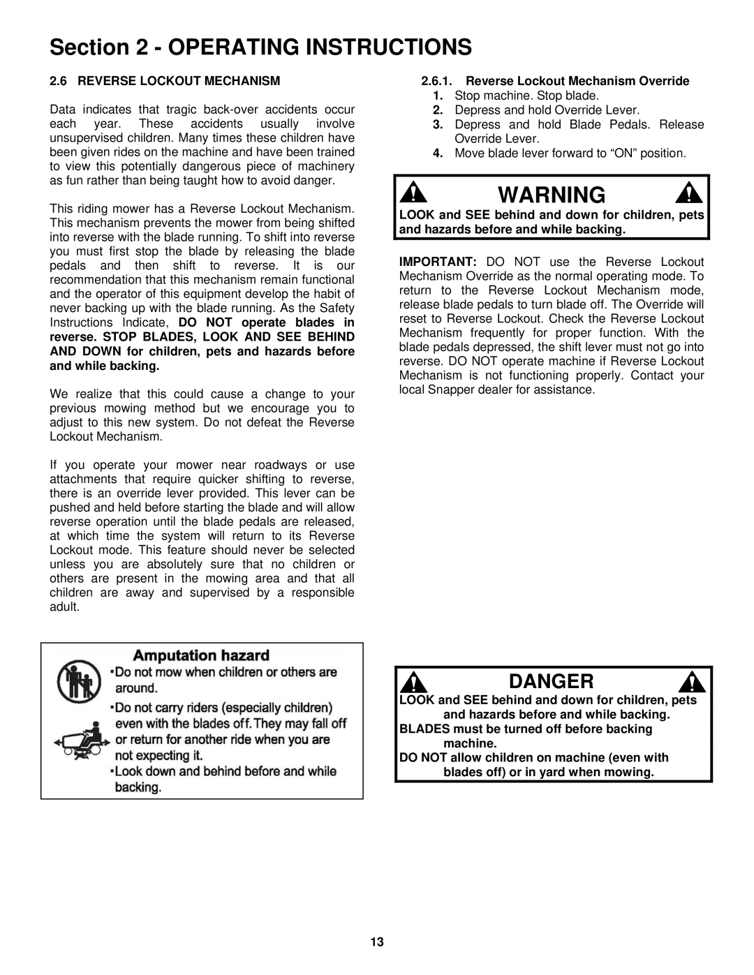 Snapper important safety instructions Reverse Lockout Mechanism Override 