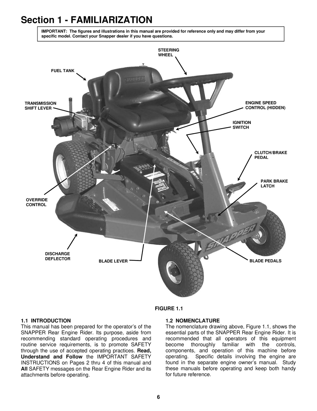 Snapper important safety instructions Introduction, Nomenclature 