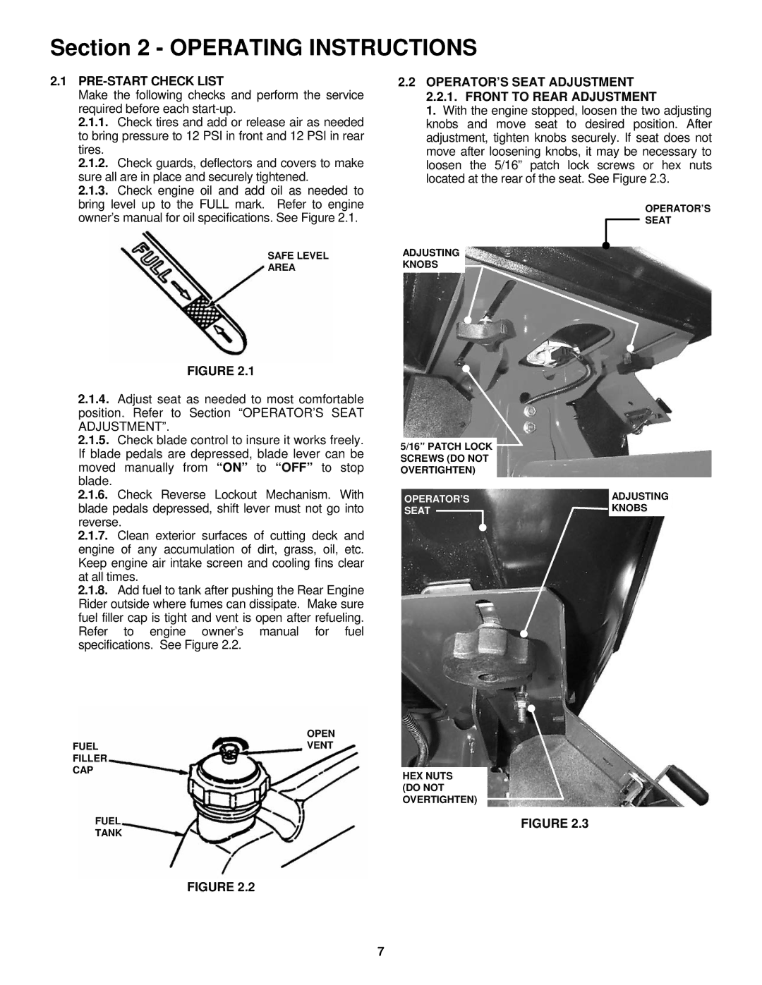 Snapper important safety instructions PRE-START Check List, OPERATOR’S Seat Adjustment 2.2.1. Front to Rear Adjustment 