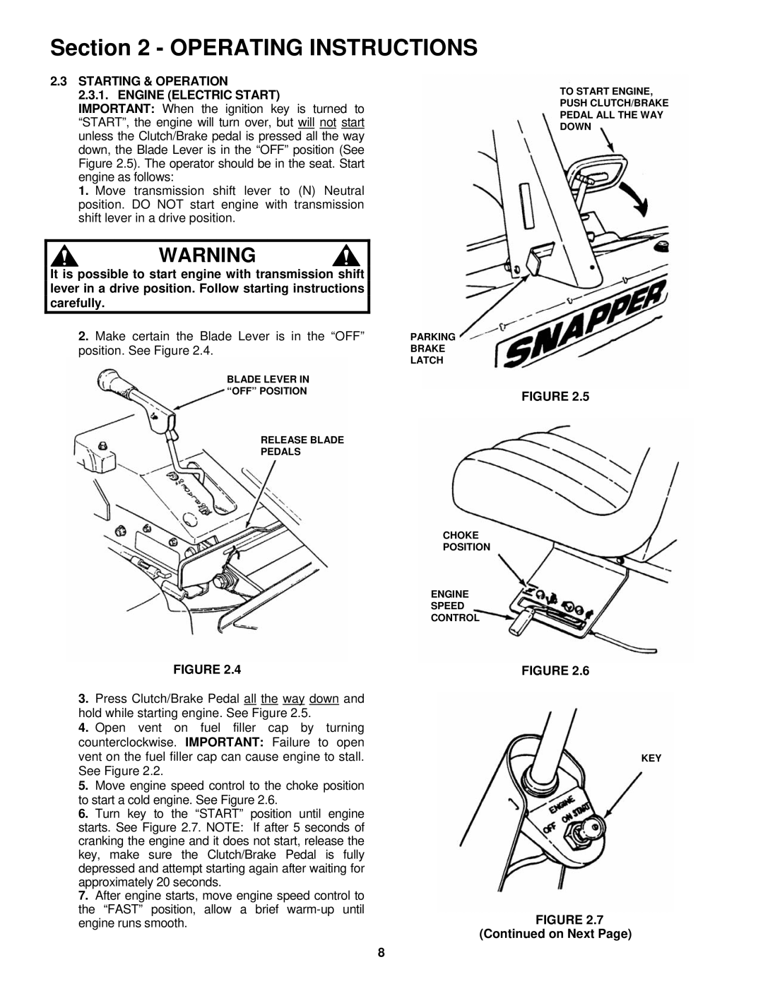 Snapper important safety instructions Starting & Operation Engine Electric Start, On Next 