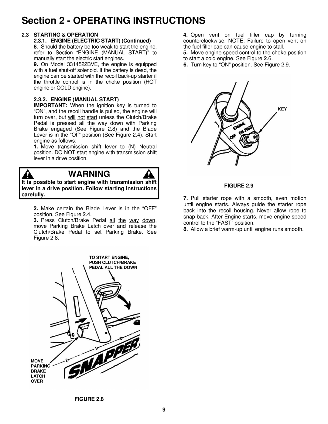 Snapper important safety instructions Starting & Operation, Engine Manual Start 