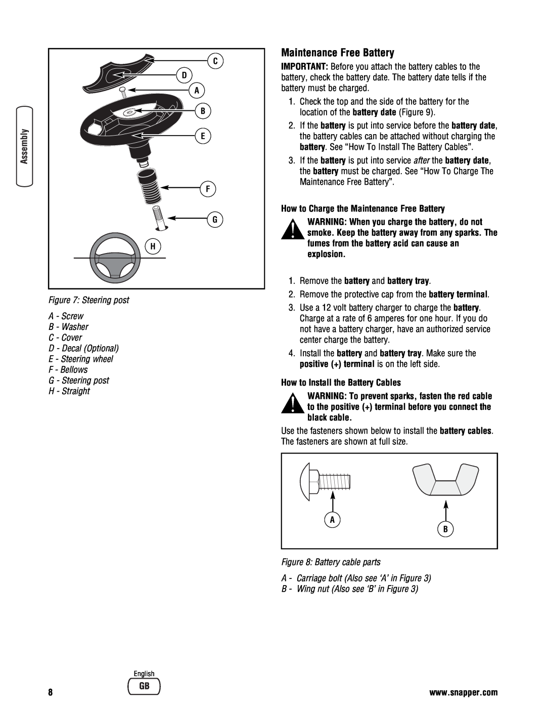 Snapper Steering post A - Screw B - Washer, C - Cover D - Decal Optional E - Steering wheel, Battery cable parts 